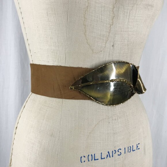 Vintage 80s Belt Artisan Hand crafted Brutalist Buckle tan leather - Picture 2 of 8